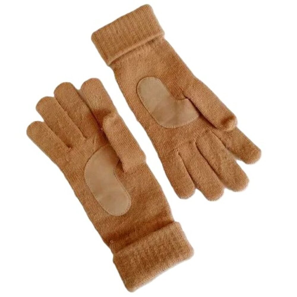 Vintage 80's 90's Brown Tan Knit Gloves Leather Pads Adult Size Retro Cuff